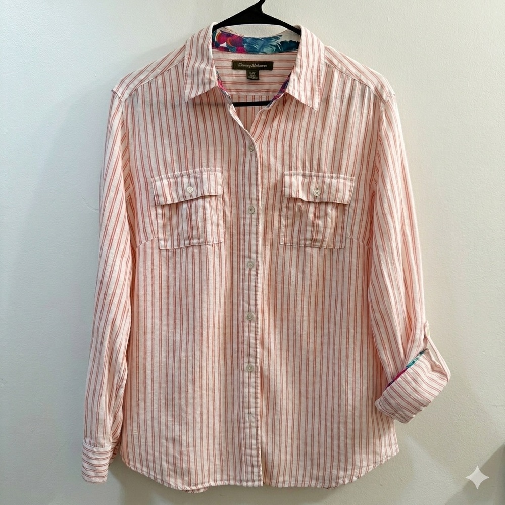 Tommy Bahama Pink Striped 100% Linen Button Down Shirt Small Petite SP